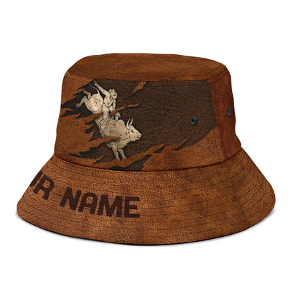 Personalized Name Bull Riding Bucket Hat Leather Texture