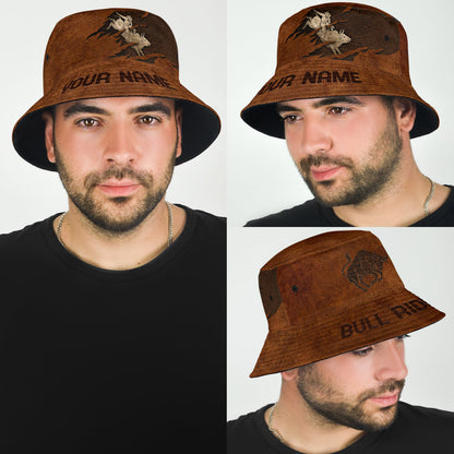 Personalized Name Bull Riding Bucket Hat Leather Texture