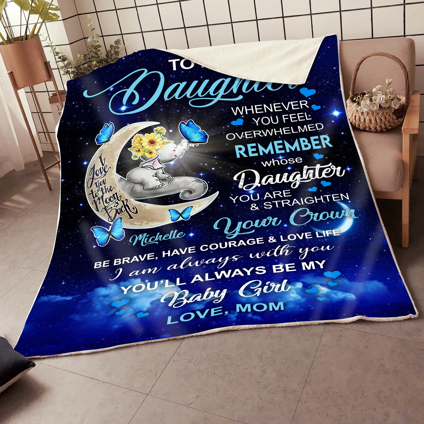 My Daughter Butterfly Elephant Love You To The Moon Personalized Blanket Memorial Gifts