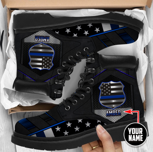 Customize Name 3D Police Boots Thin Blue Line