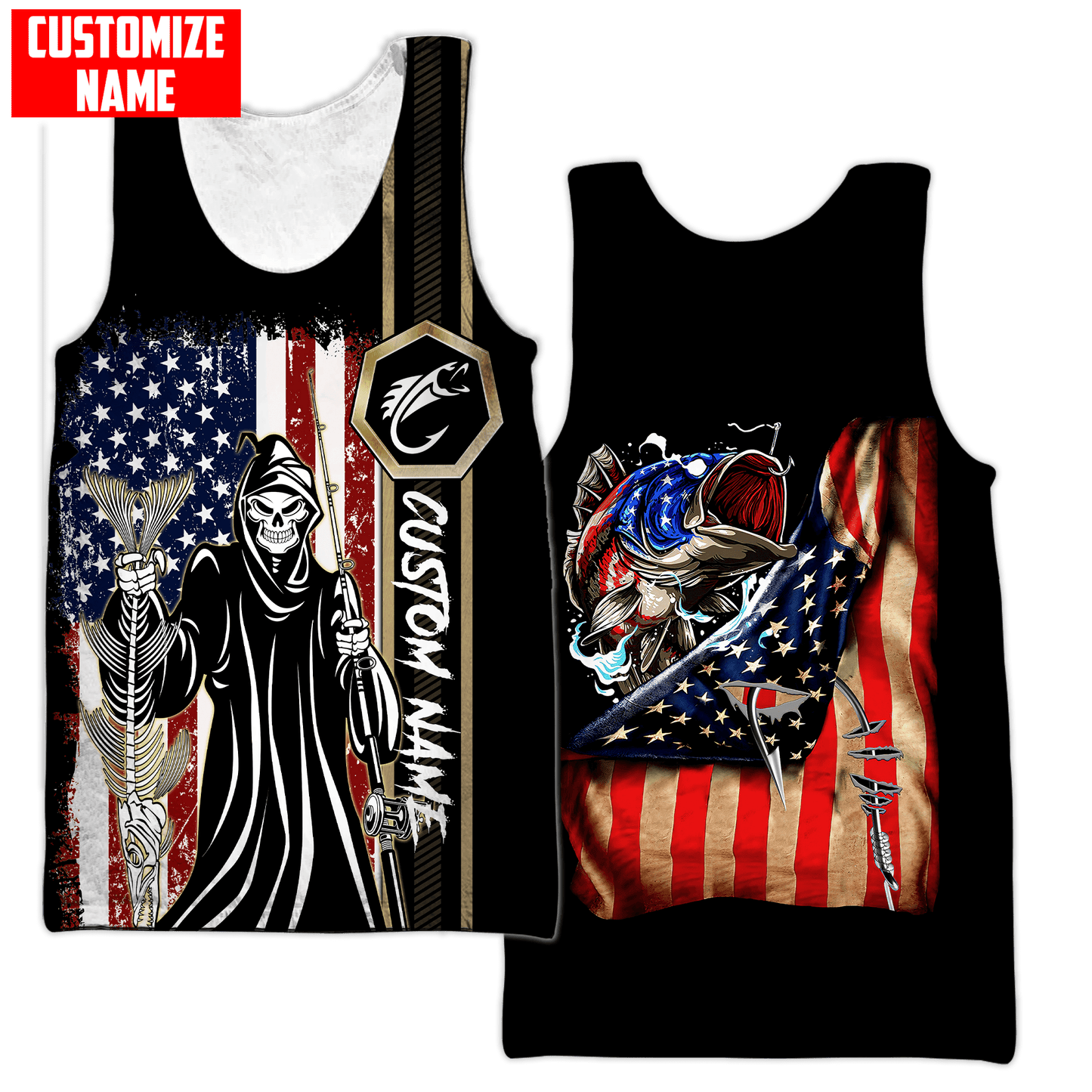 Fishing Skull Reaper American Flag Custom name fishing shirt for men and women