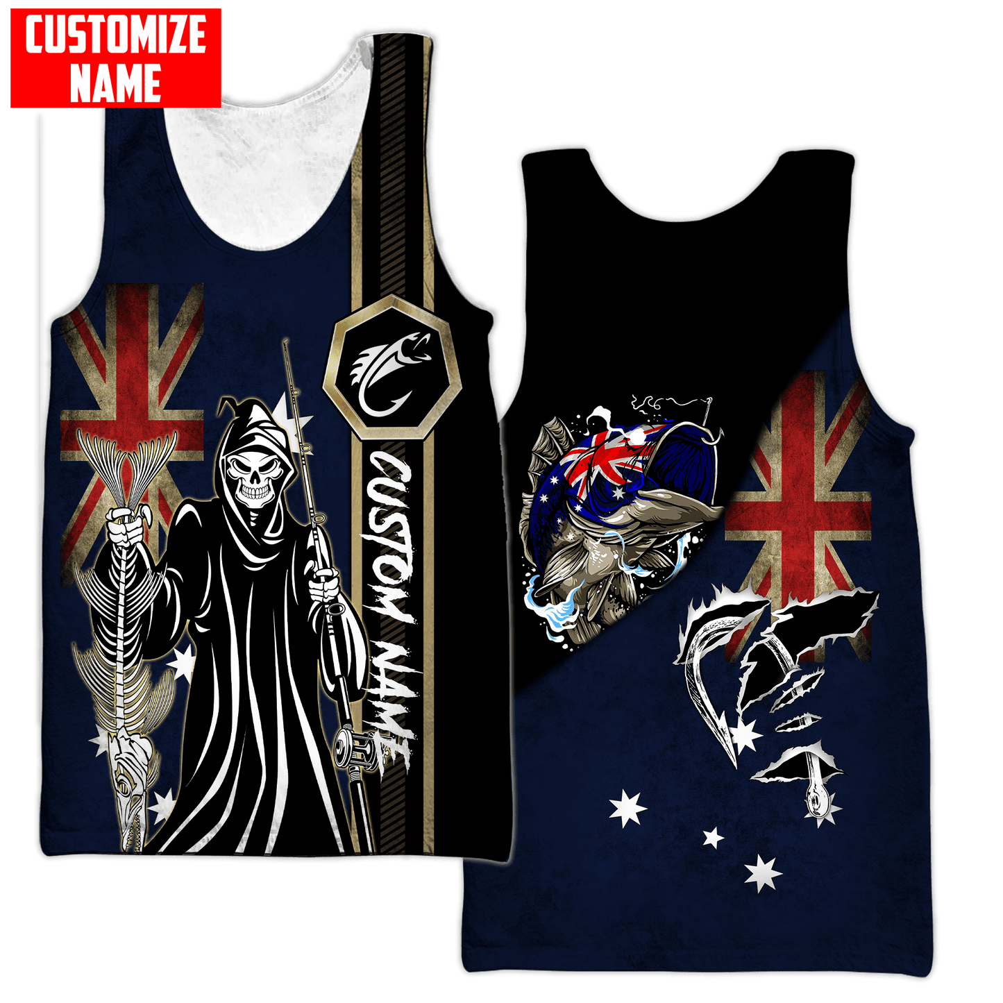 Fishing Skull Reaper Australian Flag Custom name fishing shirt for men and women