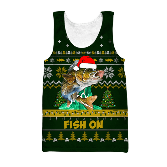 Walleye Fishing Fish on Christmas Hat 3D Shirts