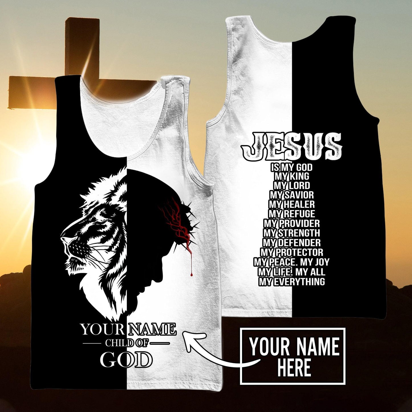Jesus Christ Cross Lion god Bless Personalized Name 3D Printed Hoodie, T-Shirt for Men and Women