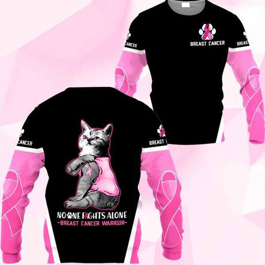 3D Breast Cancer Cat No One Fight Alone Hoodie T-Shirt Sweatshirt SU110304 - Amaze Style™-Apparel