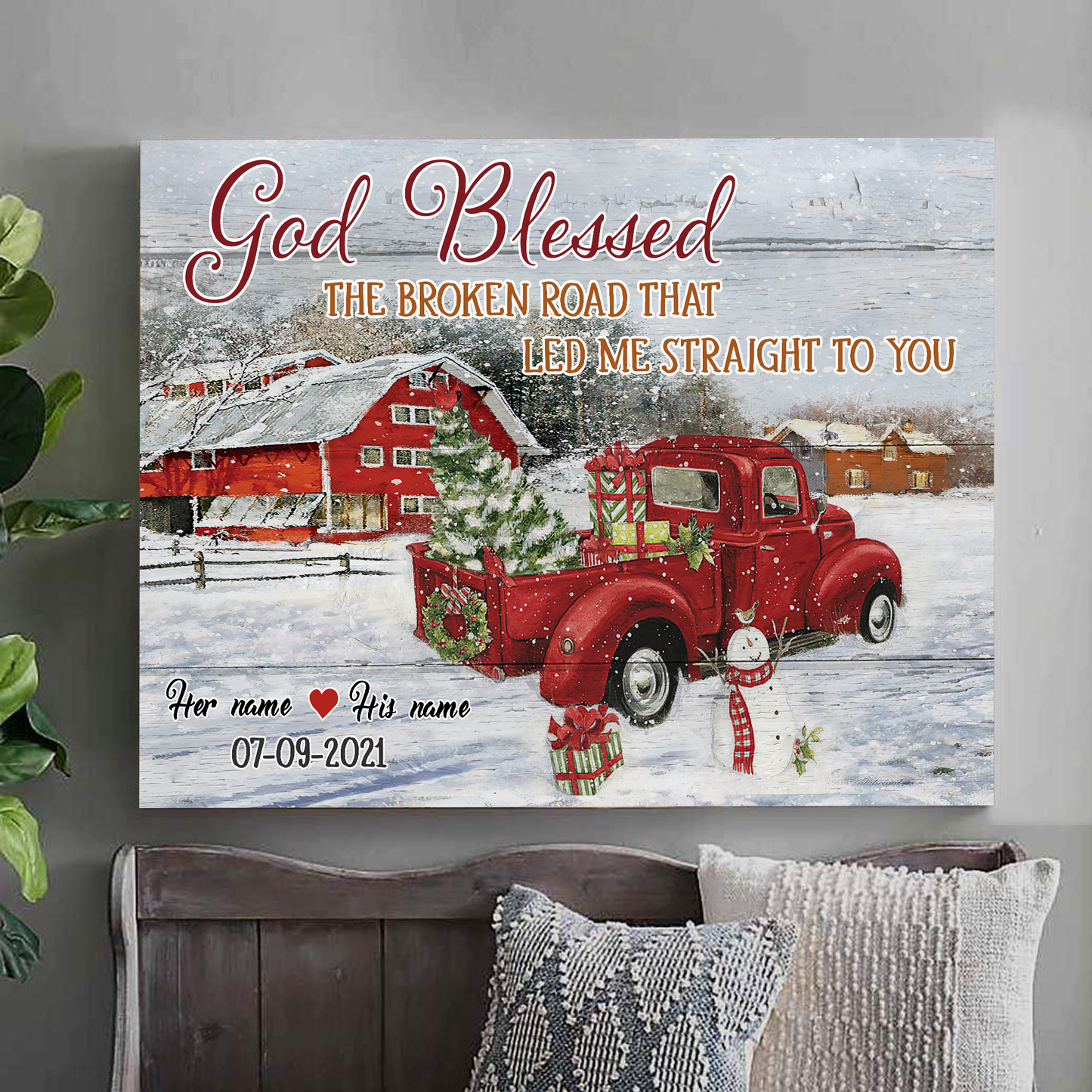 God Blessed The Broken Road Christmas Red Truck Personalized Canvas Poster Home Decor Best Gift For Couple