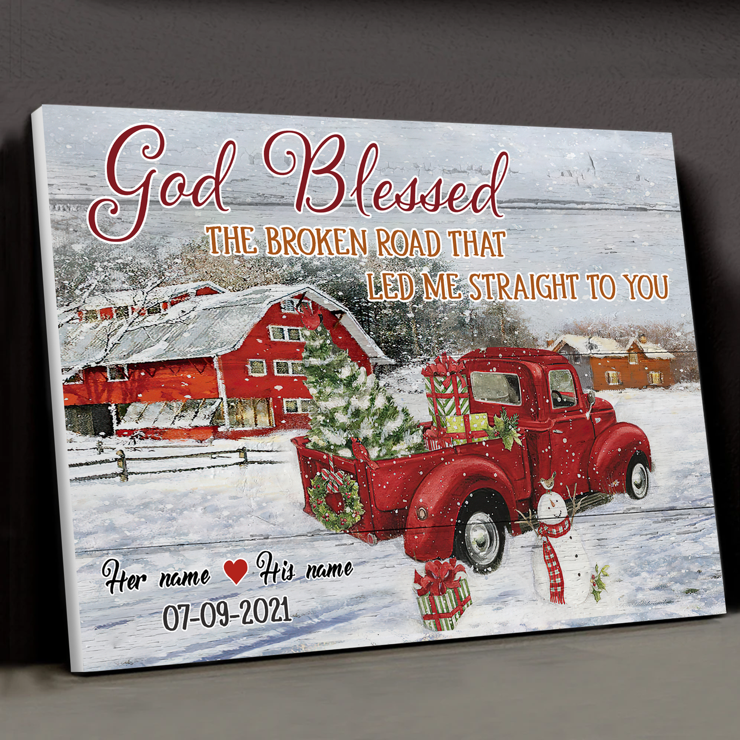 God Blessed The Broken Road Christmas Red Truck Personalized Canvas Poster Home Decor Best Gift For Couple