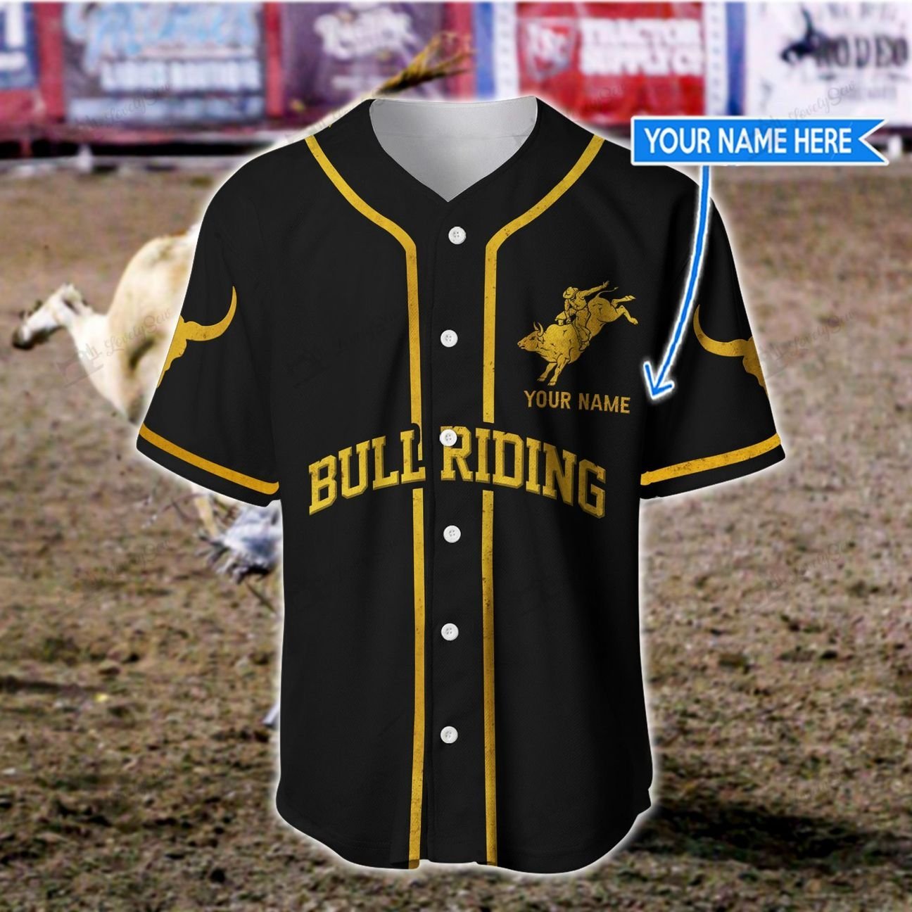 Personalized Name Bull Riding Baseball Shirt Golden