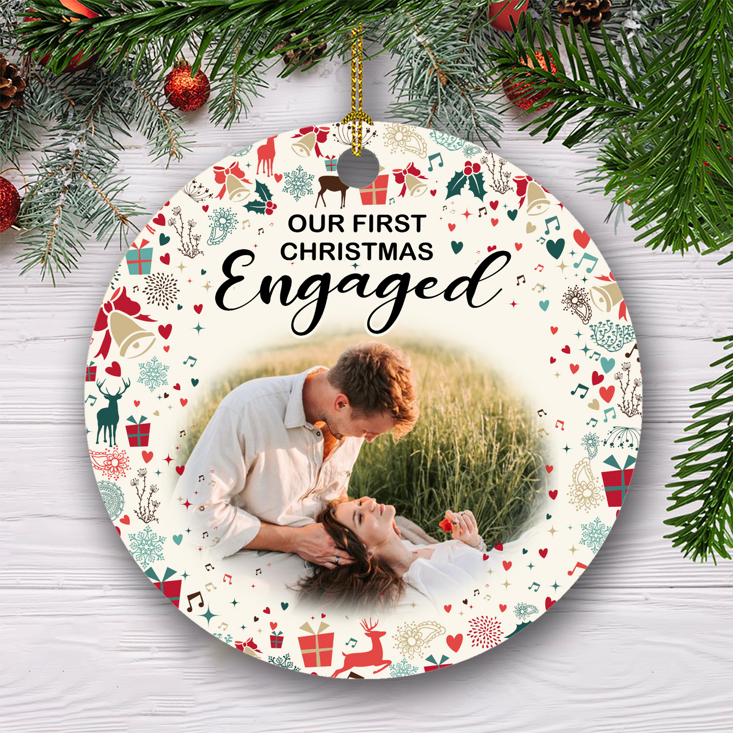 Our First Christmas Engaged Customized Ornament Christmas Gift For Couple Home Decor