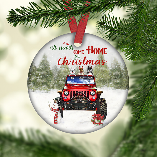 All Hearts Come Home For Christmas Customized Dog Breeds Red Jeep Ornament, Christmas Gifts For Dog Lovers