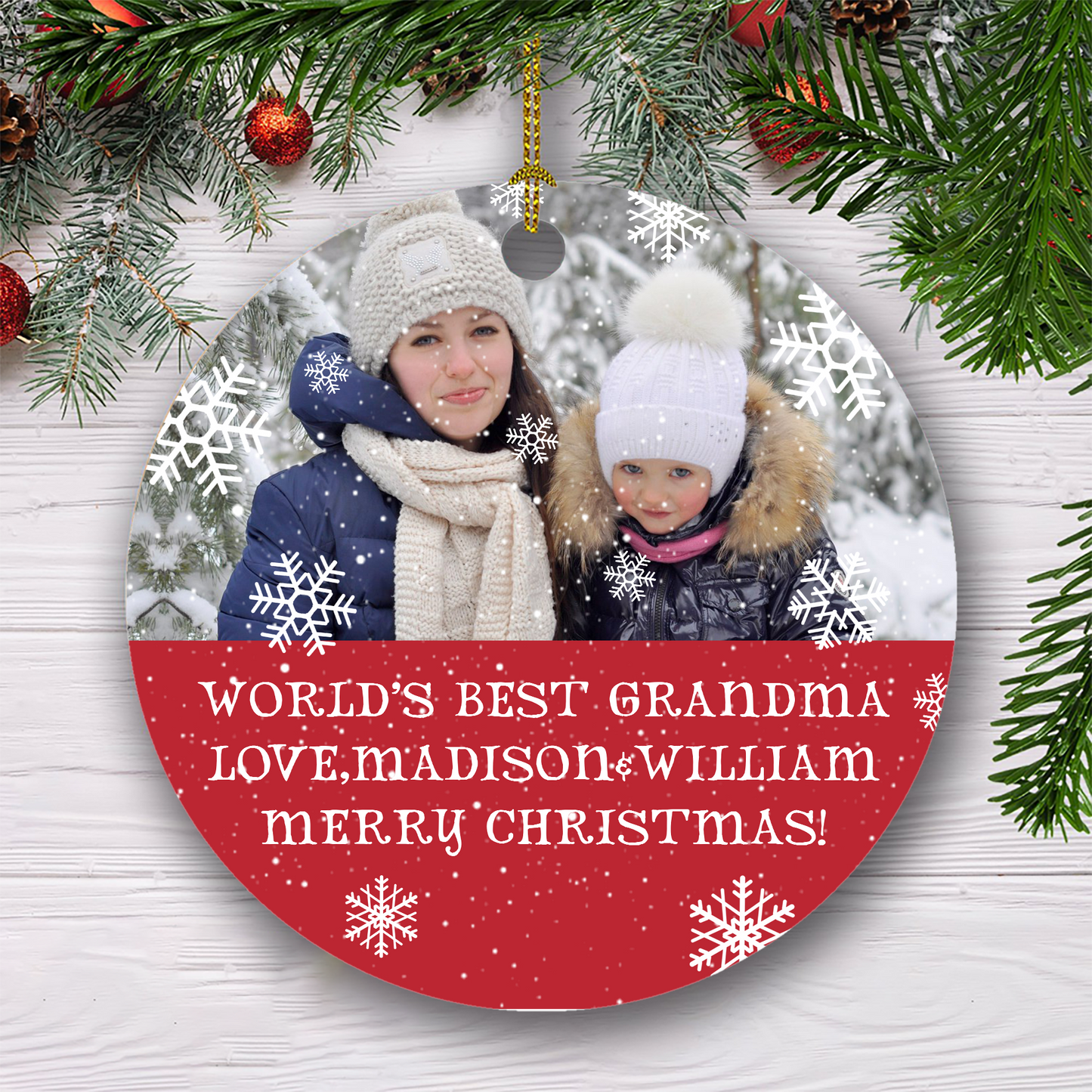 World's Best Grandma Love Merry Christmas Customized Photo Ornament, Christmas Gifts For Family