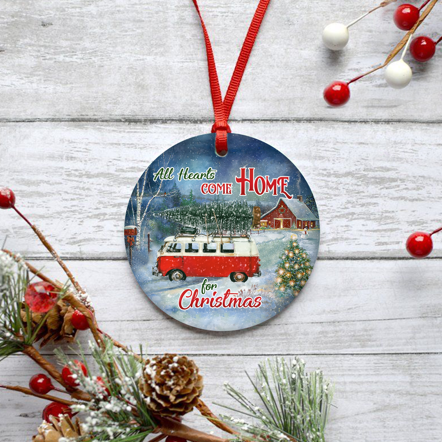 All Hearts Come Home For Christmas Customized Title Red Van Ornament, Christmas Gifts