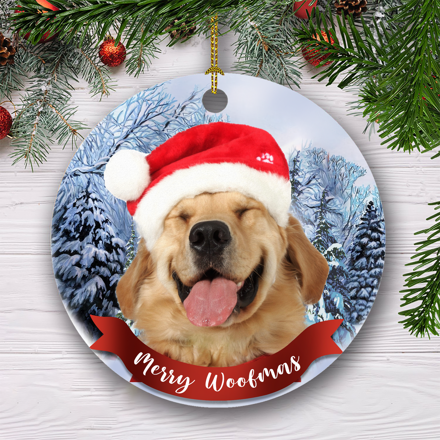 Merry Woofmas Customized Dog Photo Ornament, Christmas Gifts For Dog Lovers
