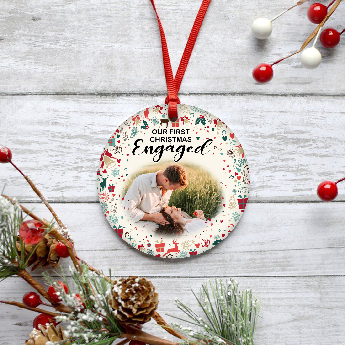 Our First Christmas Engaged Customized Ornament Christmas Gift For Couple Home Decor