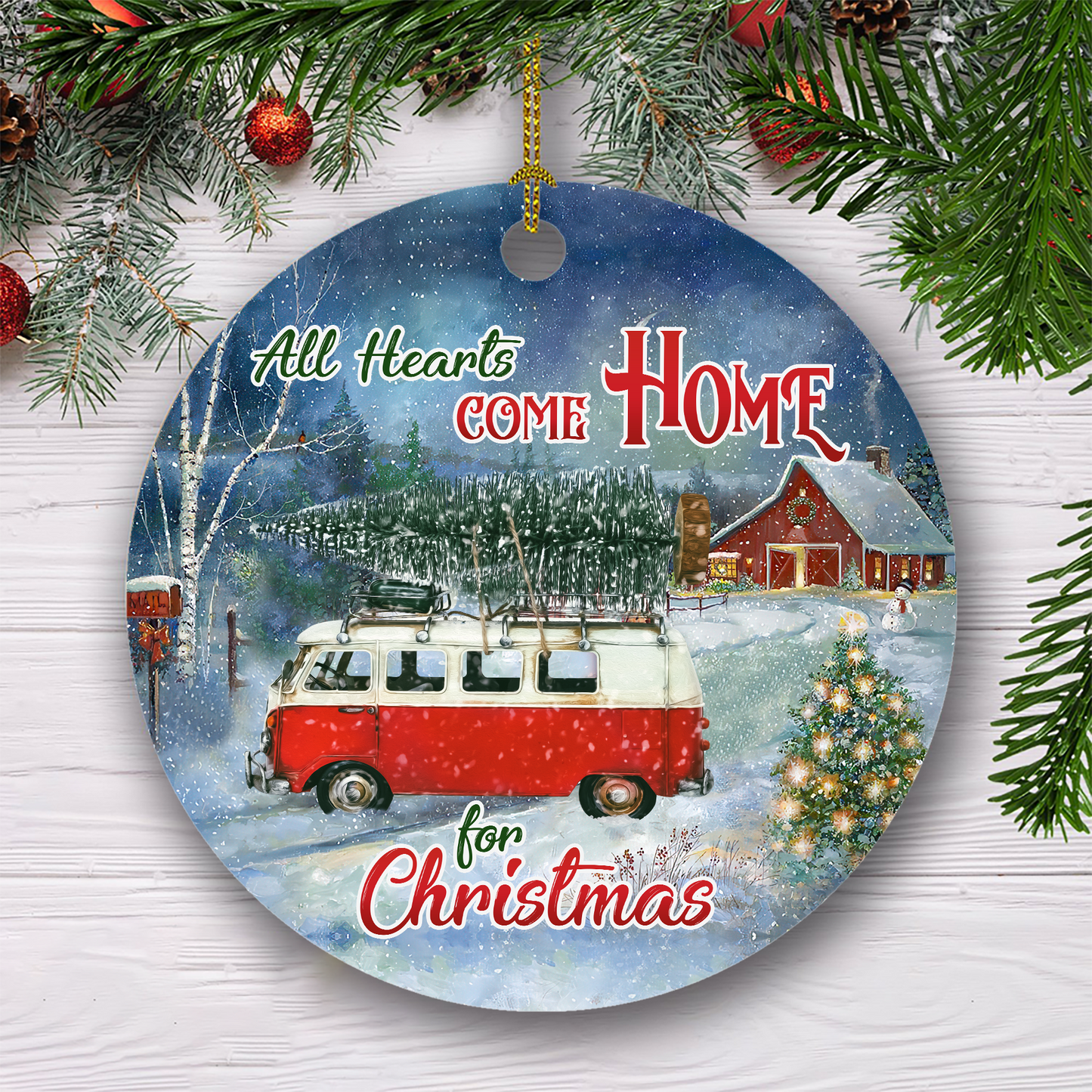 All Hearts Come Home For Christmas Customized Title Red Van Ornament, Christmas Gifts