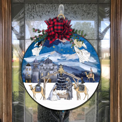Christmas Door Hanger, Merry Christmas Wreath M2, Merry Christmas Sign, Christmas Front Door Decor, Farmhouse Christmas Round Wooden Door Plate
