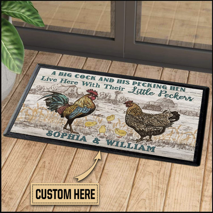 A Big Cock And His Pecking Hen Rooster Doormat Personalized Name