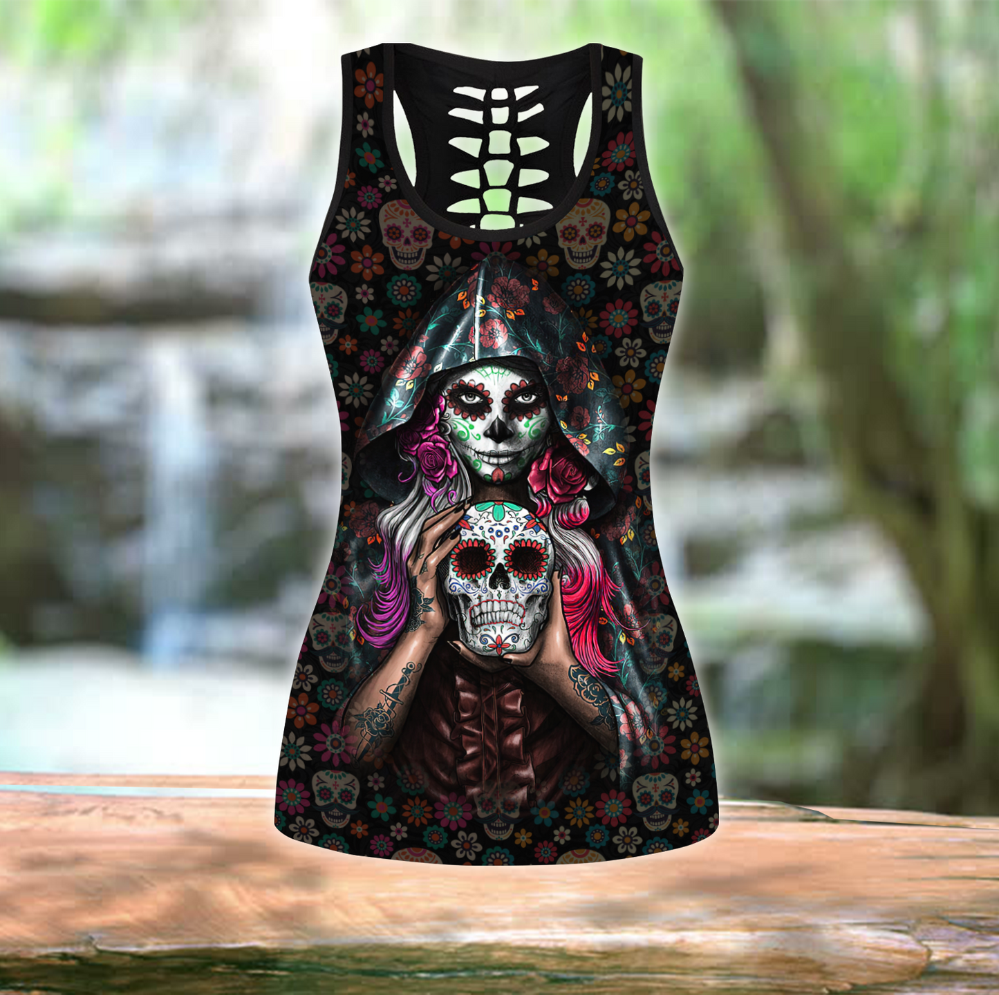 Customize Name Sugar Skull Hollow Tank Top And Legging Outfit