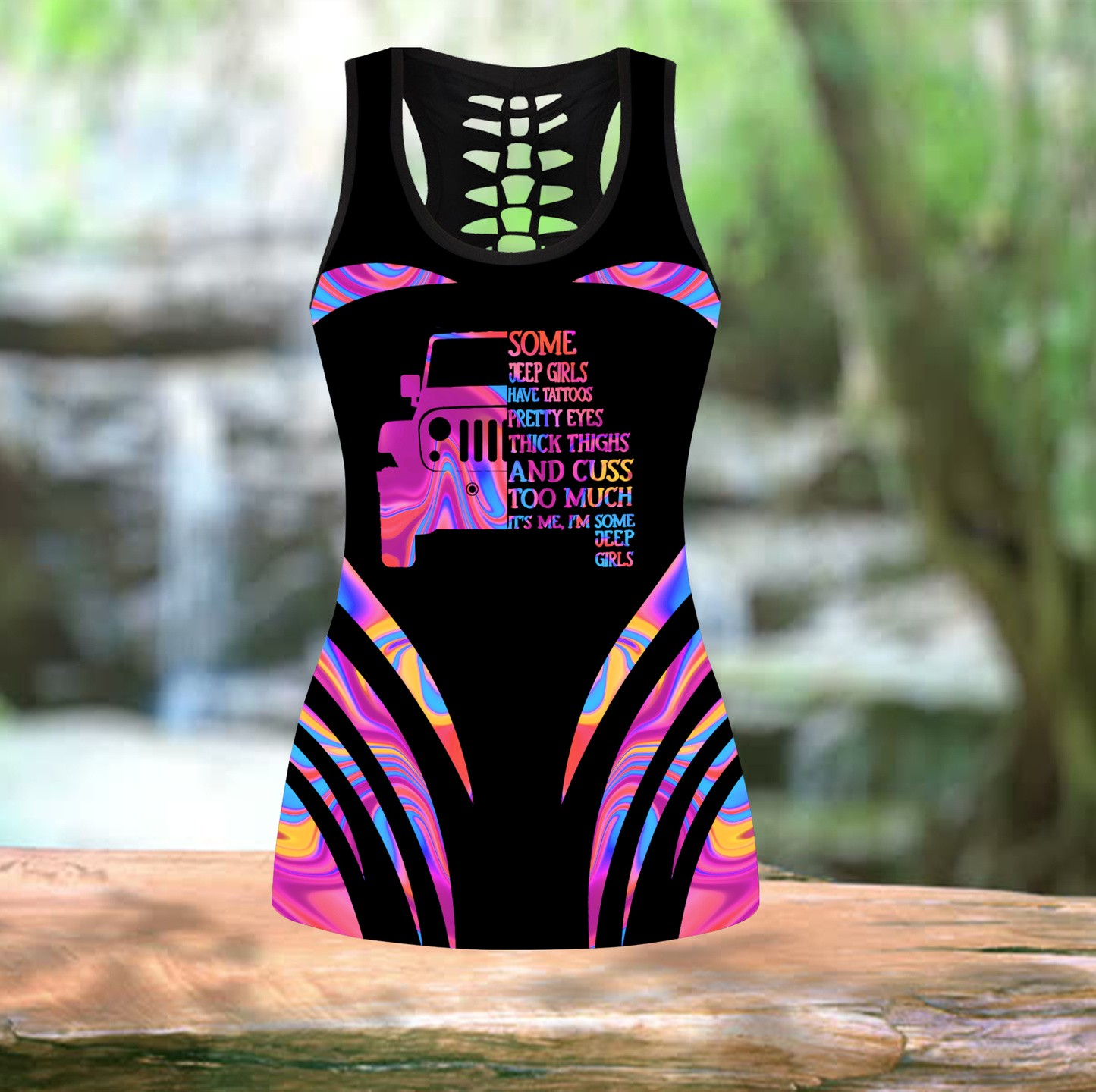 Personalized Colorful Jeep girl leggings + hollow tank combo