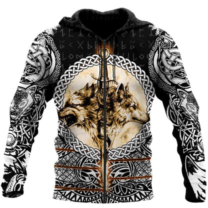 Wolf & Viking Tattoo 3D Over Printed Hoodie for Men and Women-ML