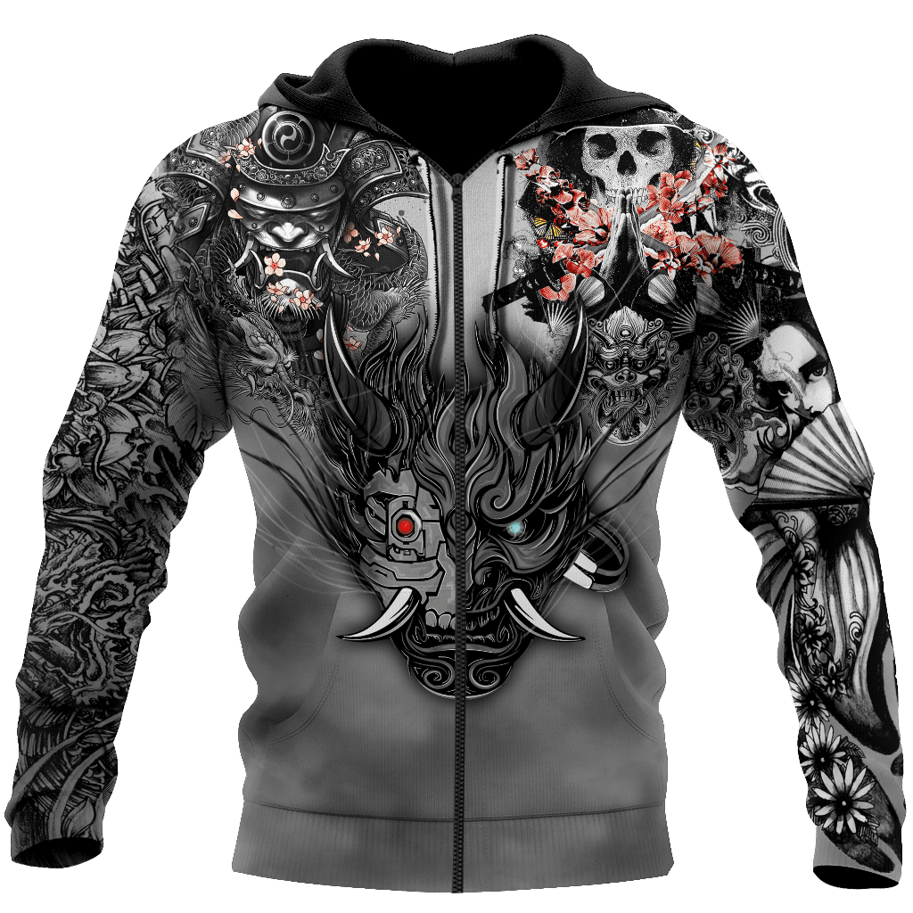 Samurai Oni Mask Tattoo 3D Over Printed Unisex Hoodie-ML