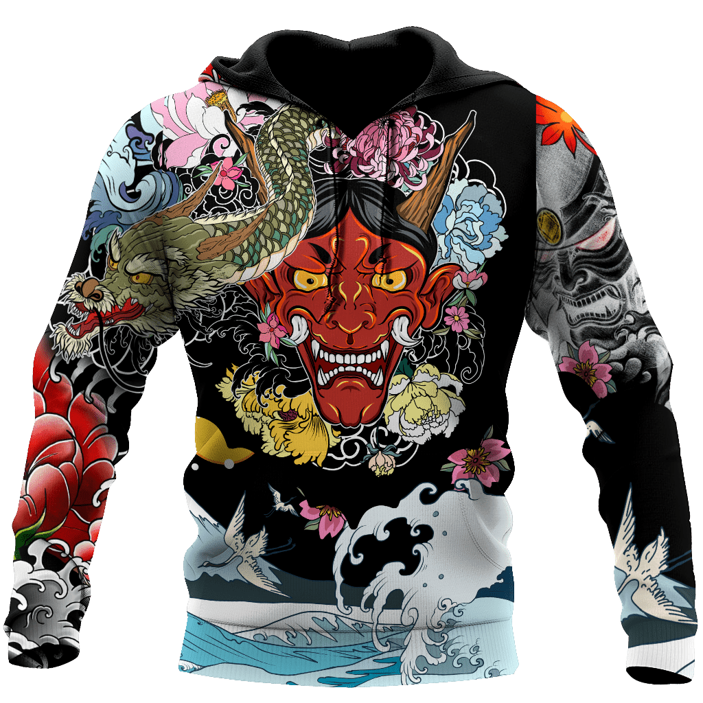 Japanese Oni Mask Tattoo 3D Over Printed Unisex Hoodie-ML