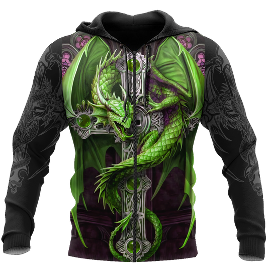 Irish Saint Patrick's Day Shamrock Celtic Cross Dragon Hoodie T-Shirt Sweatshirt-Apparel-NM-Zip hoodie-S-Vibe Cosy™