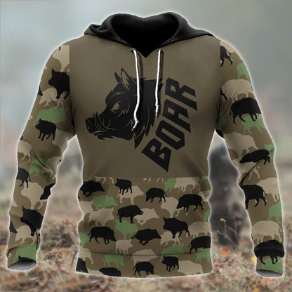 Boar Hunting Dark Green Camo 3D All Over Printed Shirt