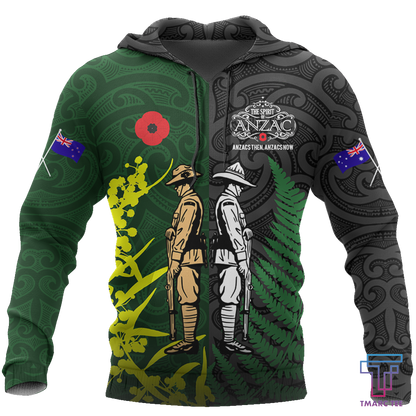 Tmarc Tee Anzac day fern-wattle lest we forget Kiwi and Australia Soldier