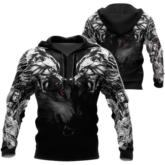 Double Dark Wolf Tattoo Over Printed Shirt For Men and Women