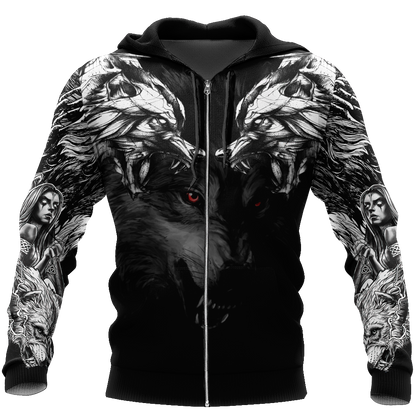 Double Dark Wolf Tattoo Over Printed Shirt For Men and Women