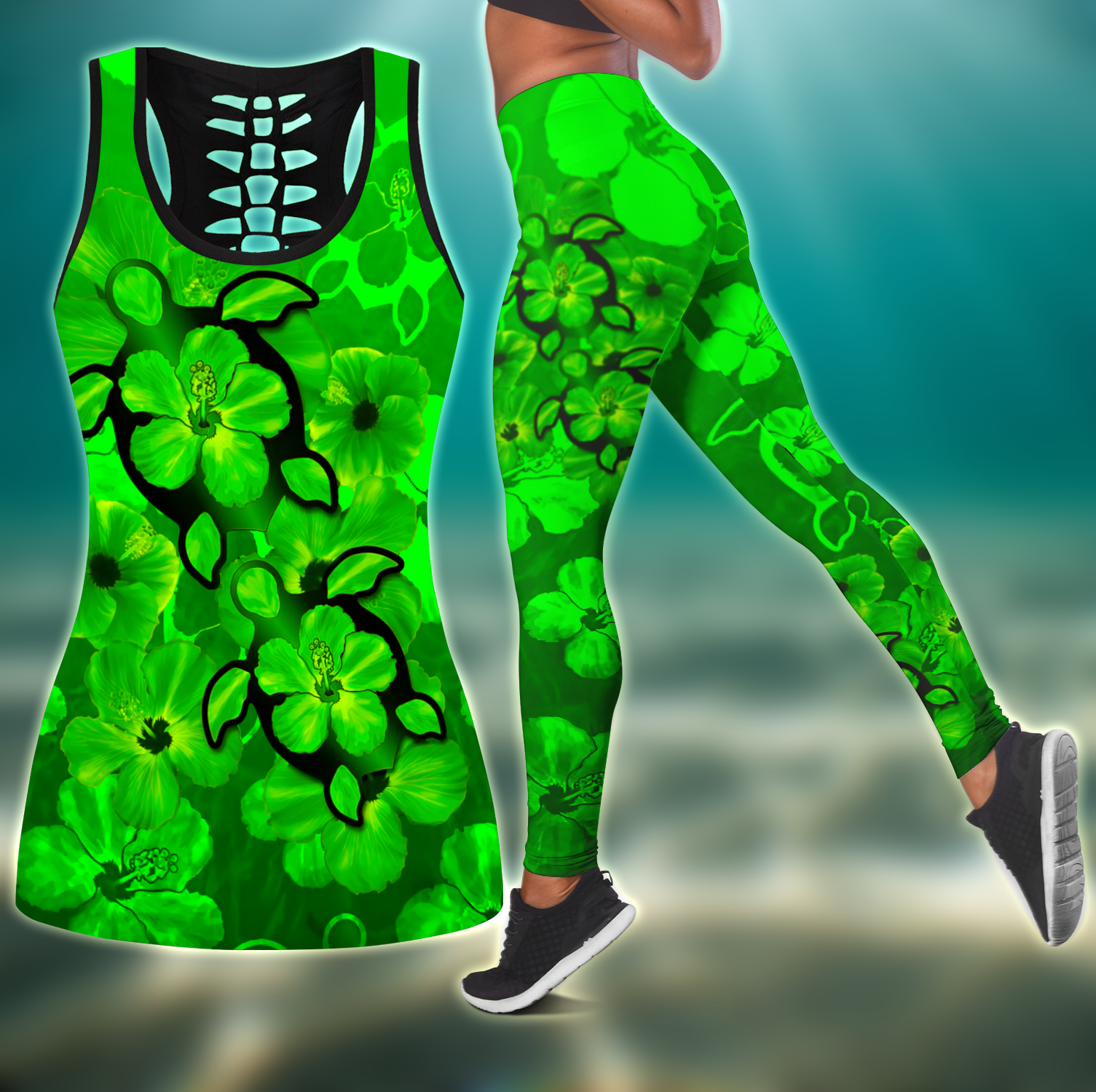 Green Hibiscus Turtles In Hawaiian Dream Combo Legging + Tank Limited by SUN JJ160525S - Amaze Style™-Apparel