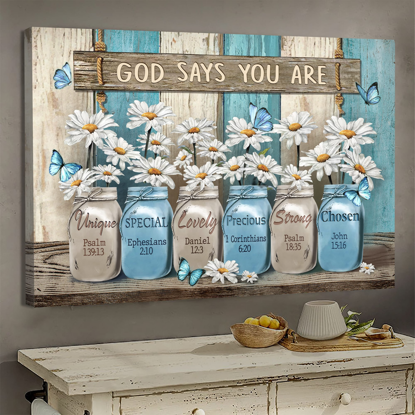 Daisy flower Wooden background Jesus Landscape Canvas Print Wall Art