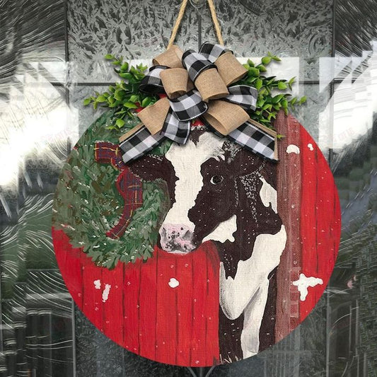 Love Cow Christmas Round Wooden Door Plate