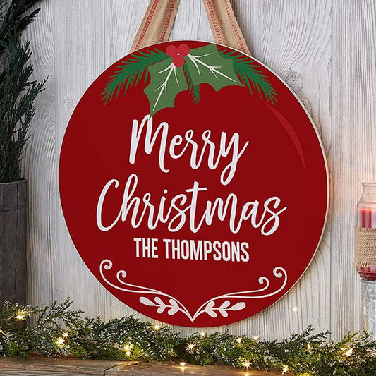 Merry Christmas Ornament Personalized Round Wooden Door Plate
