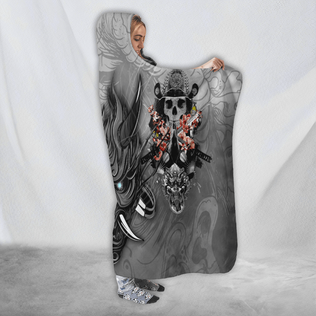 Samurai Oni Mask Tattoo 3D Over Printed Unisex Hooded Blanket-ML