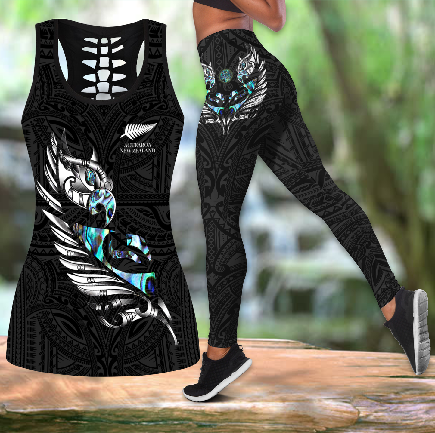 New zealand paua fern wing manaia tank top & leggings outfit for women