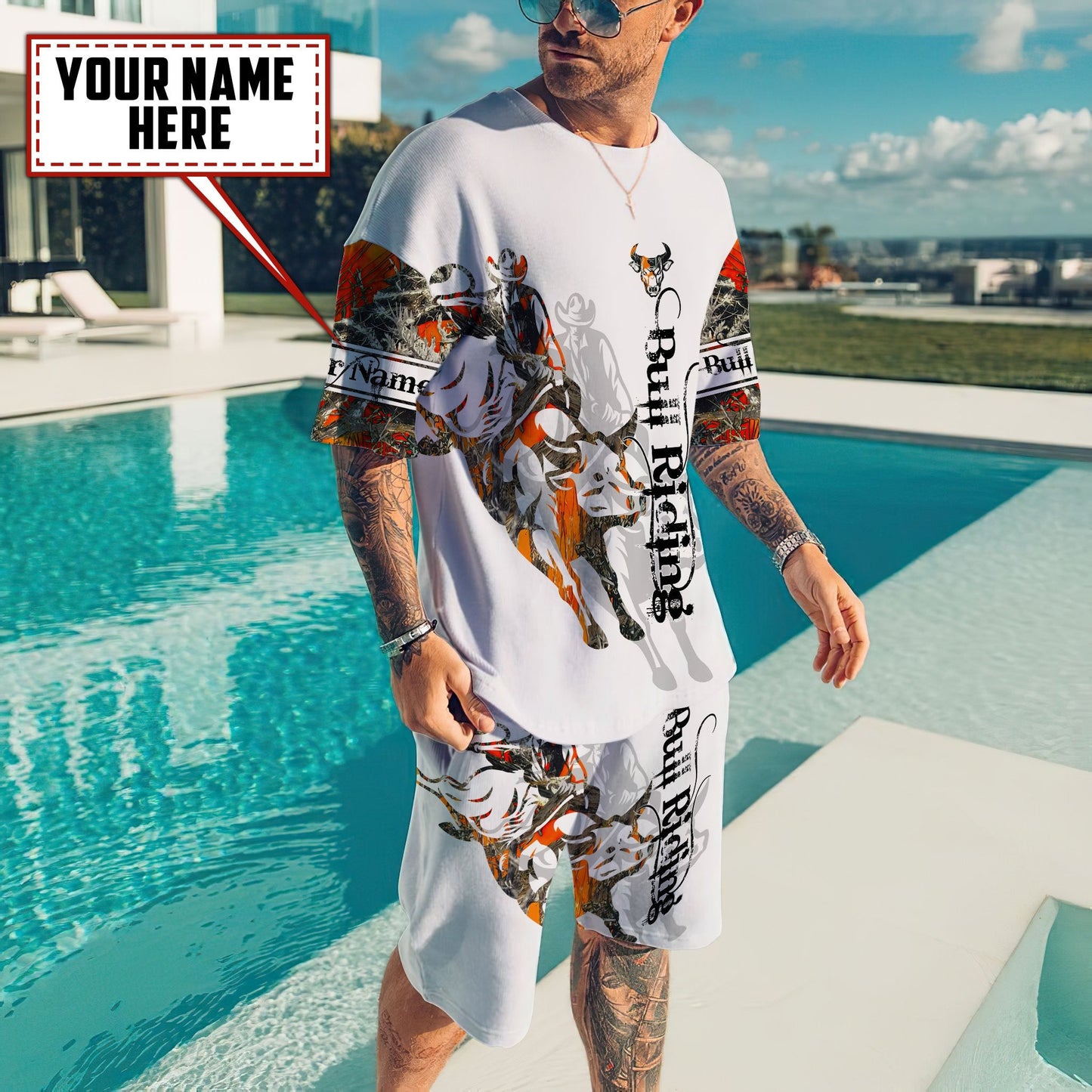 Personalized Name Bull Riding Combo T-shirt and Short Tattoo Ver 2