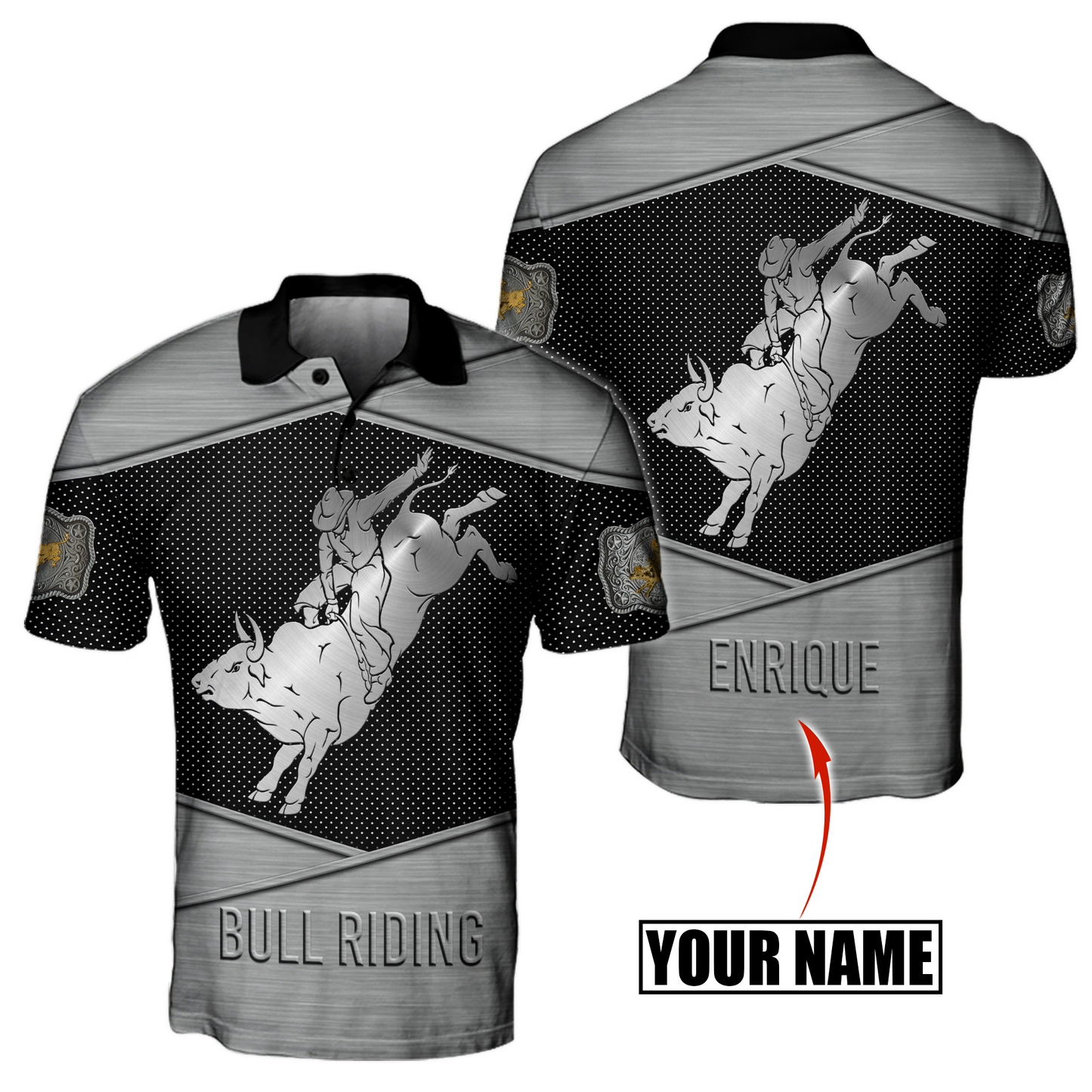 Personalized Name Bull Riding 3D All Over Printed Unisex Shirts Metal Pattern