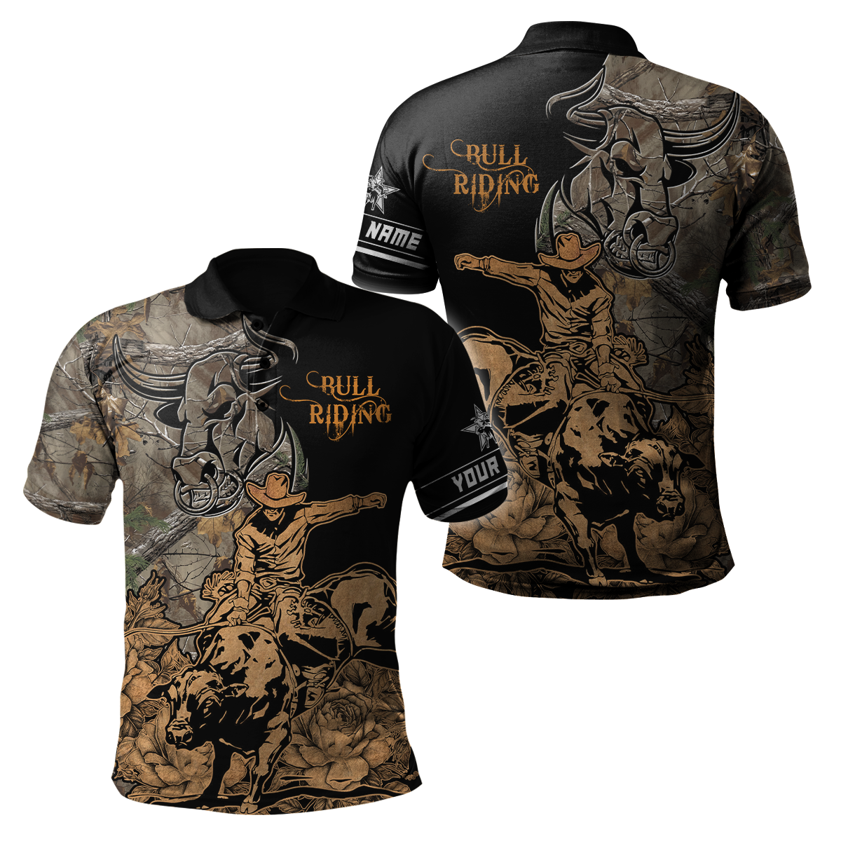 Personalized Name Bull Riding 3D All Over Printed Unisex Shirts Camo