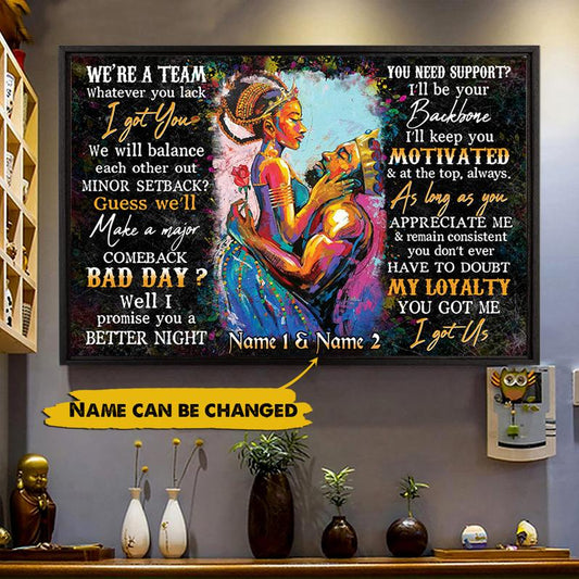 Personalized Name We're A Team Poster for Black Couples, Black King Black Queen, African Couple Art