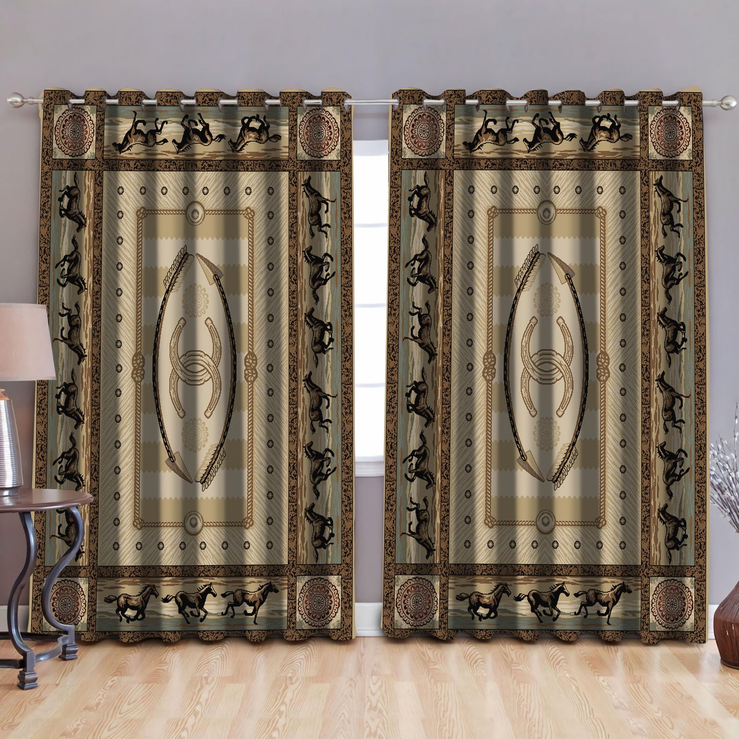Native American Horses Pattern Blackout Thermal Grommet Window Curtains Pi30052011