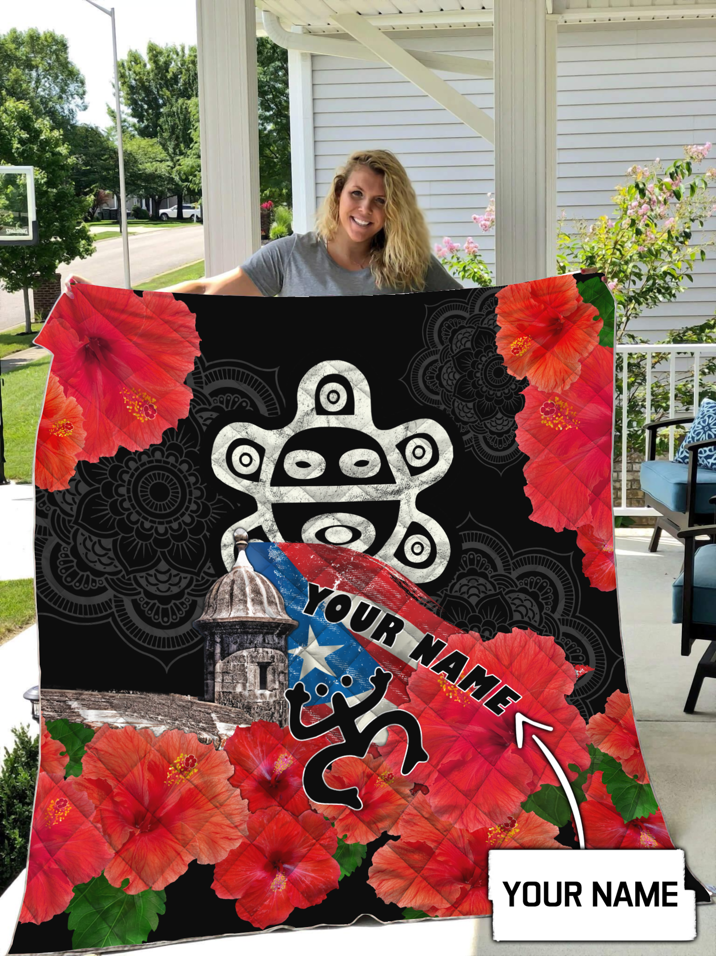 Customize Name Sol Taino Puerto Rico Quilt Blanket