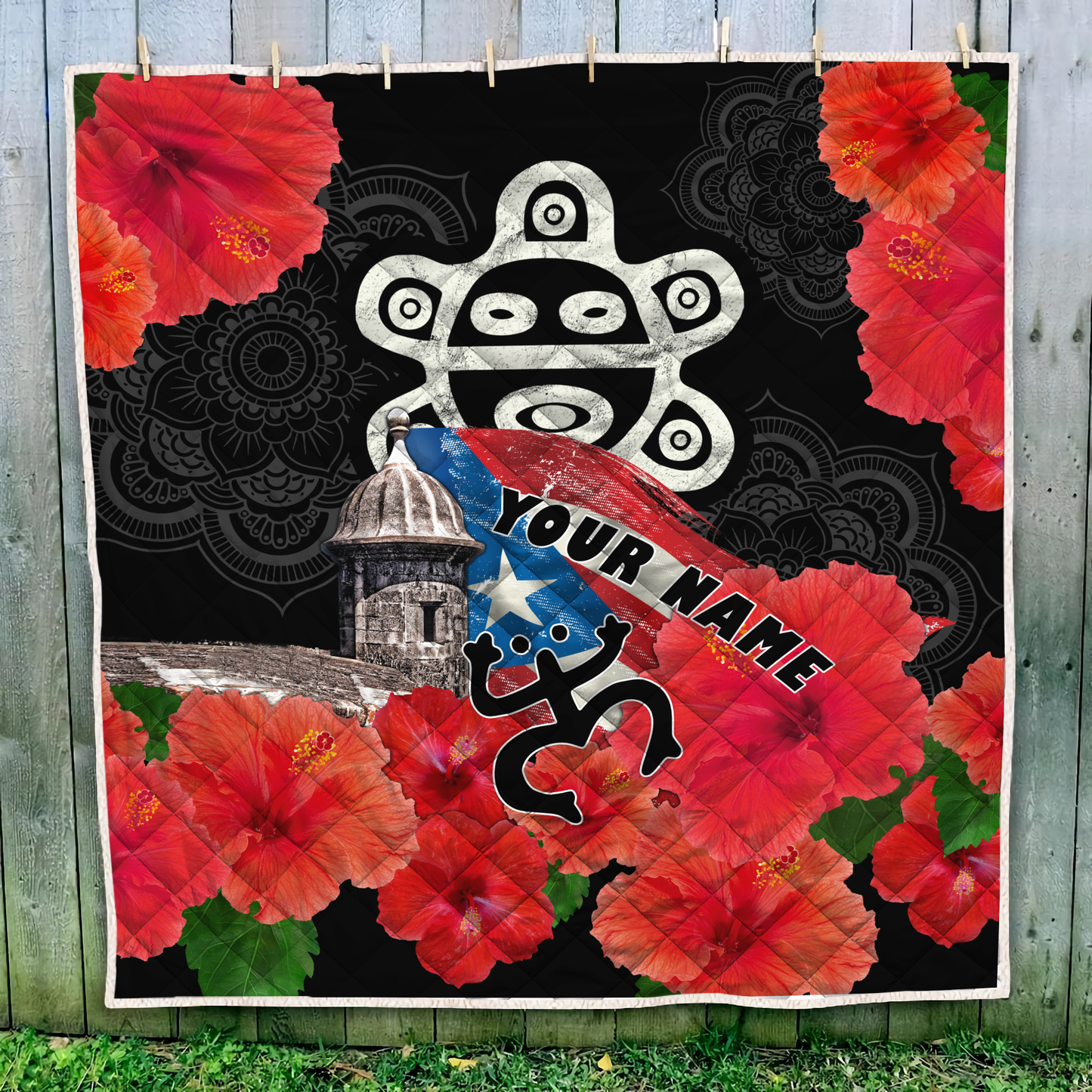 Customize Name Sol Taino Puerto Rico Quilt Blanket