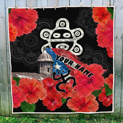 Customize Name Sol Taino Puerto Rico Quilt Blanket