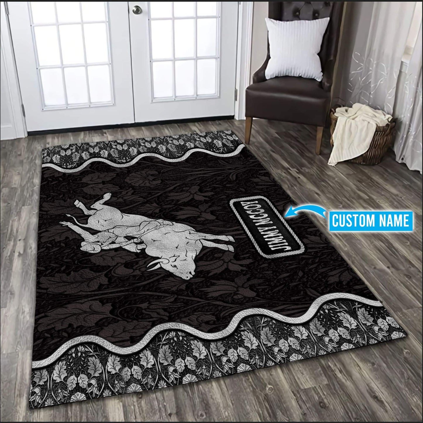 Personalized Name Bull Riding 3D Rodeo Rug Black Ver