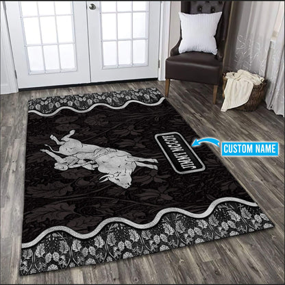 Personalized Name Bull Riding 3D Rodeo Rug Black Ver