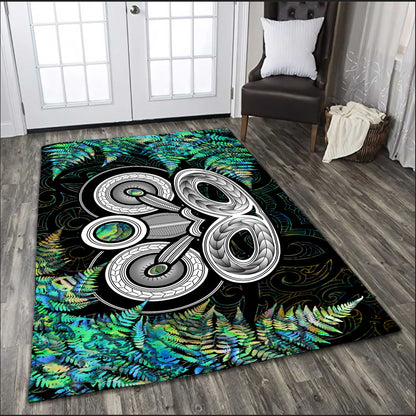 New Zealand Aotearoa Maori Tiki Silver Fern Paua Shell Rug ML