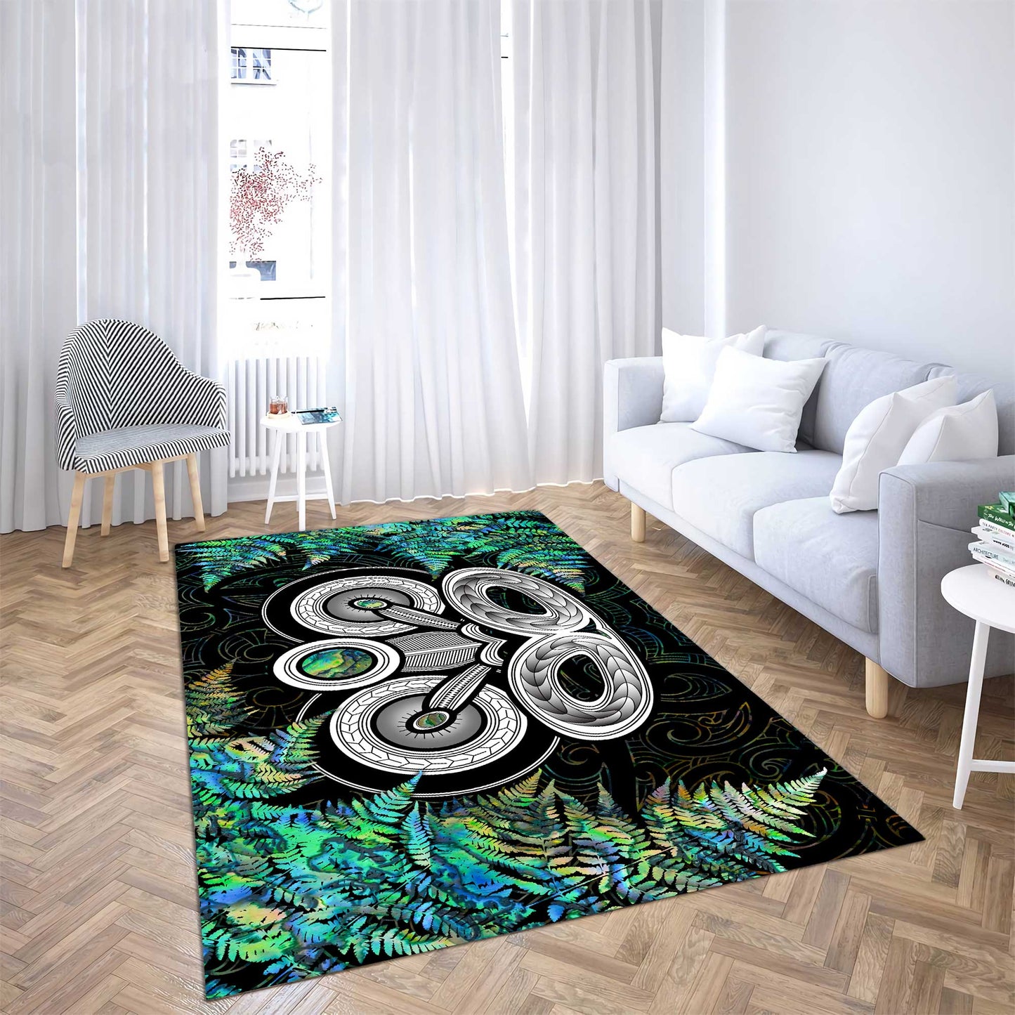 New Zealand Aotearoa Maori Tiki Silver Fern Paua Shell Rug ML