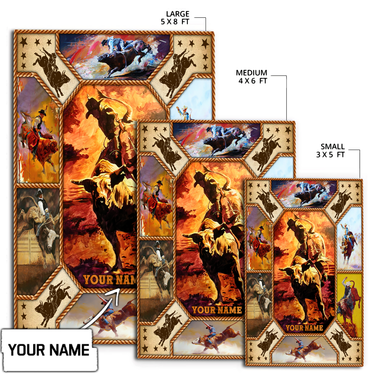 Personalized Name Bull Riding 3D Rug Rodeo Art